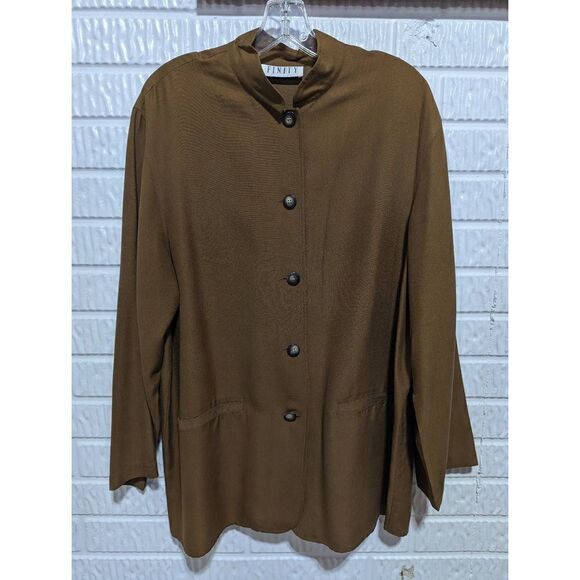 Finity Women's Brown Silk Mandarin Collar Button Front Tunic Blouse Size 14 - Picture 1 of 5